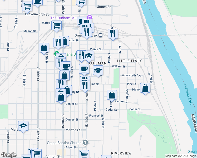 map of restaurants, bars, coffee shops, grocery stores, and more near 810 Pine Street in Omaha