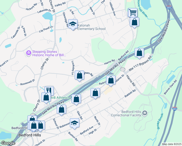 map of restaurants, bars, coffee shops, grocery stores, and more near 106 Nottingham Road in Bedford Hills