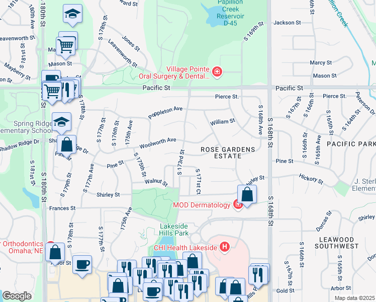 map of restaurants, bars, coffee shops, grocery stores, and more near 17277 Pine Street in Omaha