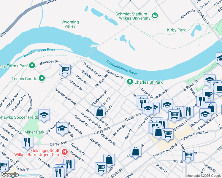map of restaurants, bars, coffee shops, grocery stores, and more near 294 Academy Street in Wilkes-Barre