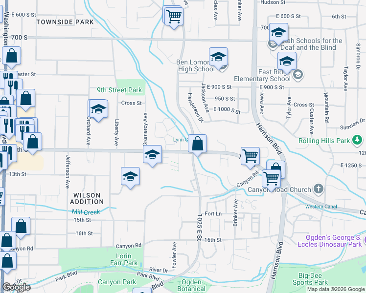 map of restaurants, bars, coffee shops, grocery stores, and more near 987 12th Street in Ogden
