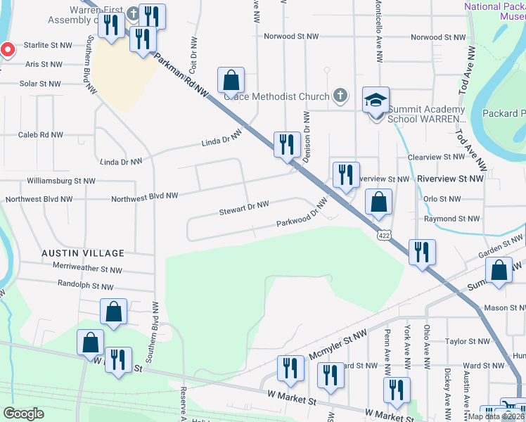 map of restaurants, bars, coffee shops, grocery stores, and more near 2098 Parkwood Drive Northwest in Warren