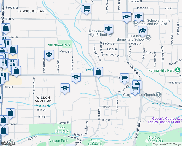 map of restaurants, bars, coffee shops, grocery stores, and more near 987 12th Street in Ogden