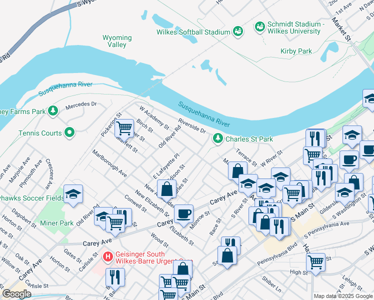 map of restaurants, bars, coffee shops, grocery stores, and more near 19 Edison Street in Wilkes-Barre