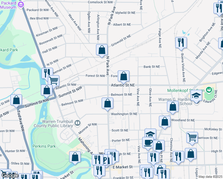 map of restaurants, bars, coffee shops, grocery stores, and more near 161 Belmont Avenue Northeast in Warren