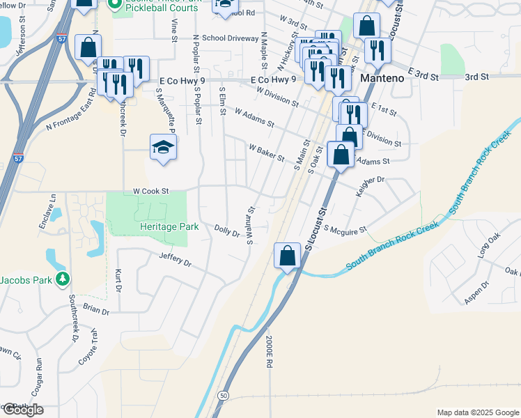 map of restaurants, bars, coffee shops, grocery stores, and more near 4 Todd Court in Manteno