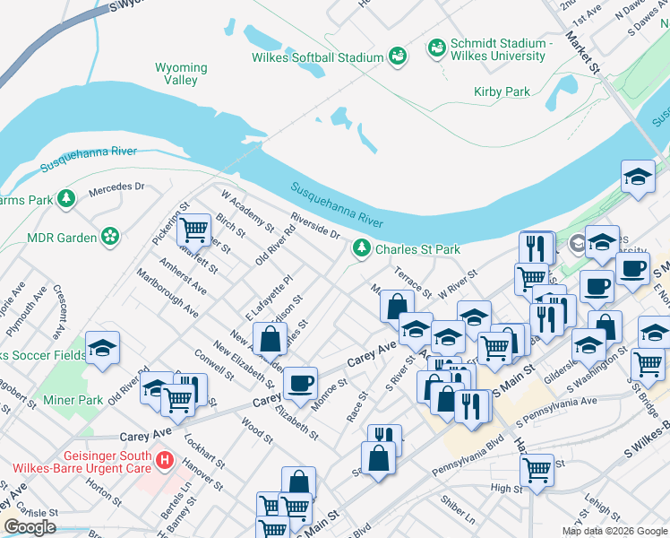 map of restaurants, bars, coffee shops, grocery stores, and more near 243 Academy Street in Wilkes-Barre