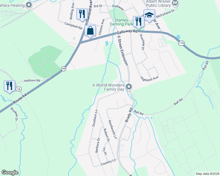map of restaurants, bars, coffee shops, grocery stores, and more near 14 Southern Lane in Warwick