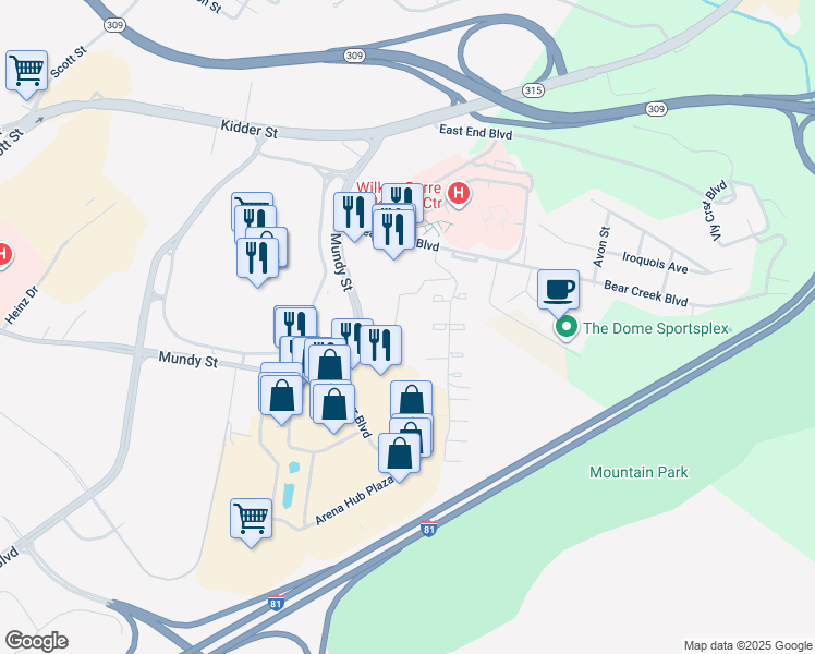 map of restaurants, bars, coffee shops, grocery stores, and more near Bear Creek Boulevard in White Haven