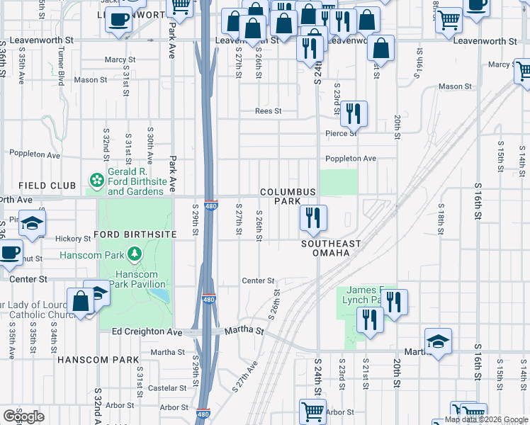 map of restaurants, bars, coffee shops, grocery stores, and more near 1535 South 26th Street in Omaha