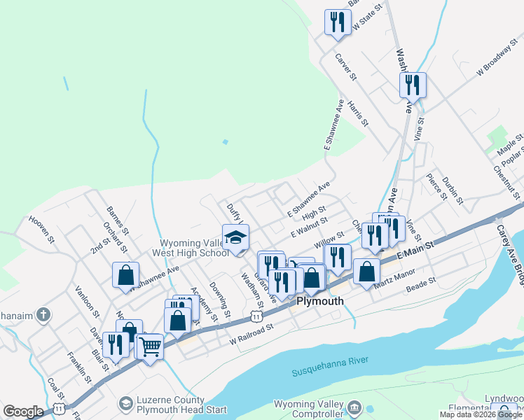 map of restaurants, bars, coffee shops, grocery stores, and more near 11 East Shawnee Avenue in Plymouth