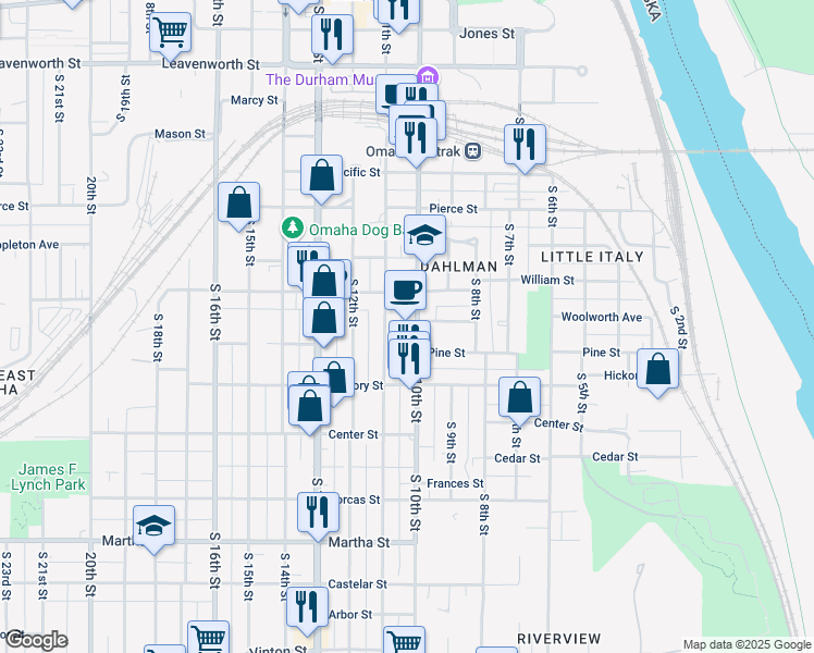 map of restaurants, bars, coffee shops, grocery stores, and more near 1502 South 10th Street in Omaha