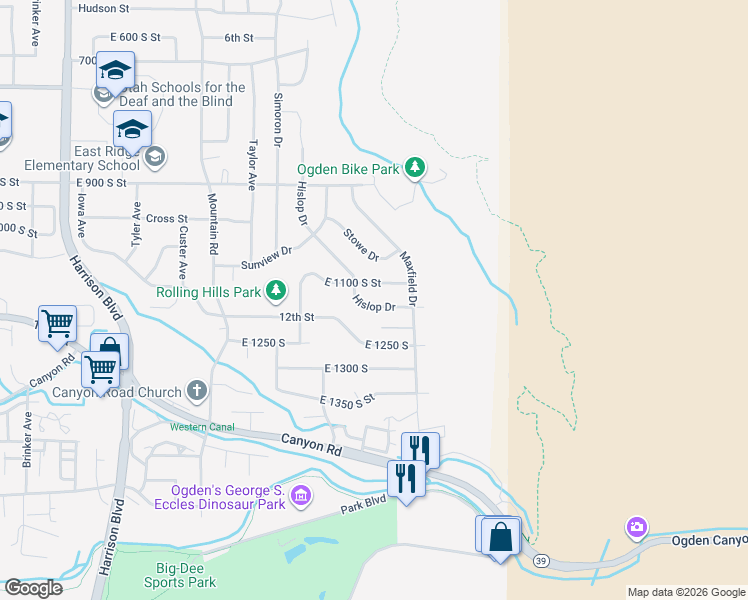 map of restaurants, bars, coffee shops, grocery stores, and more near 1642 Victory Drive in Ogden