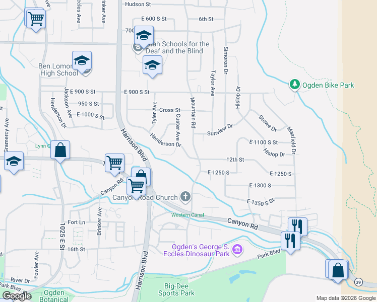 map of restaurants, bars, coffee shops, grocery stores, and more near 1385 1050 S in Ogden