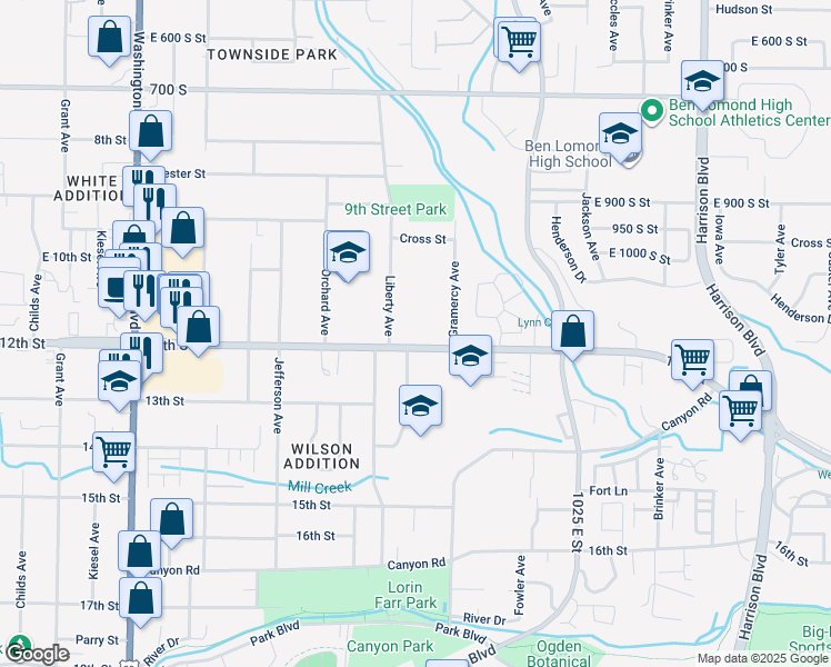 map of restaurants, bars, coffee shops, grocery stores, and more near 805 12th Street in Ogden