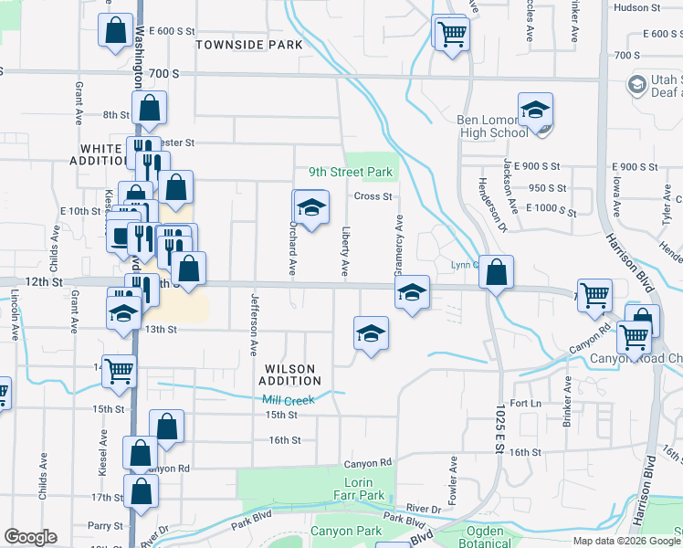 map of restaurants, bars, coffee shops, grocery stores, and more near 749 12th Street in Ogden
