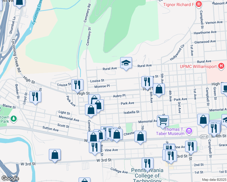 map of restaurants, bars, coffee shops, grocery stores, and more near 1298 High Street in Williamsport
