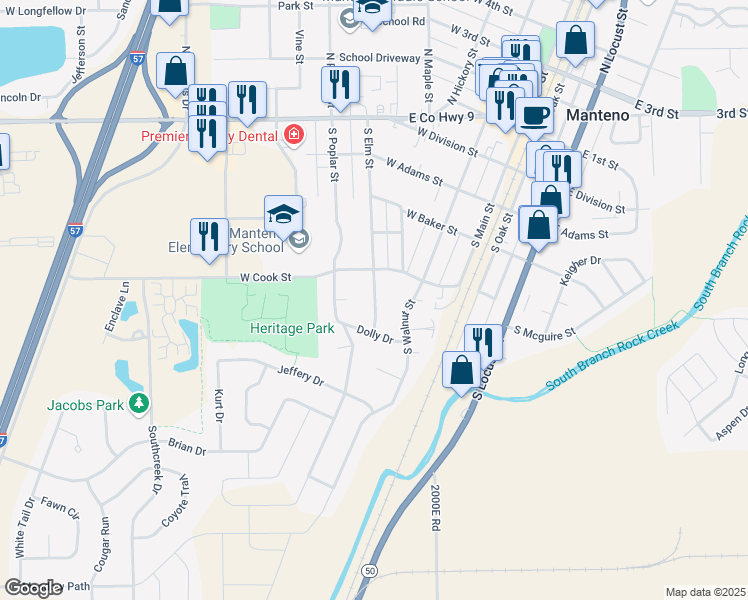 map of restaurants, bars, coffee shops, grocery stores, and more near 419 Dolly Drive in Manteno