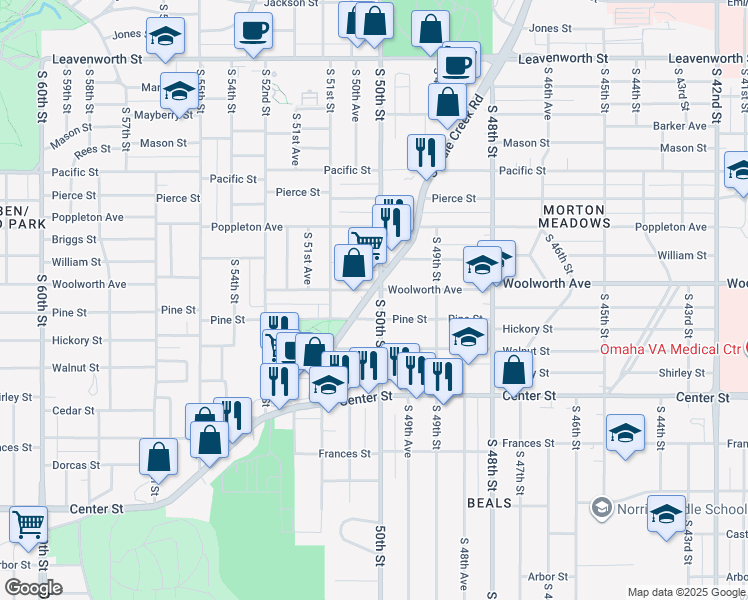 map of restaurants, bars, coffee shops, grocery stores, and more near 1515 South Saddle Creek Road in Omaha