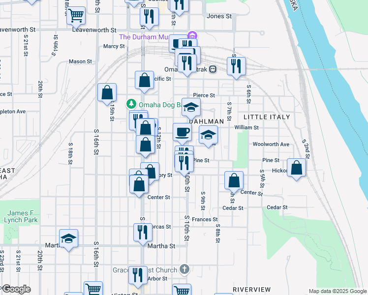 map of restaurants, bars, coffee shops, grocery stores, and more near 1520 South 10th Street in Omaha