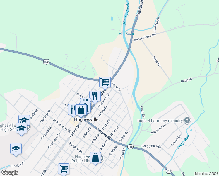 map of restaurants, bars, coffee shops, grocery stores, and more near 170 North Main Street in Hughesville
