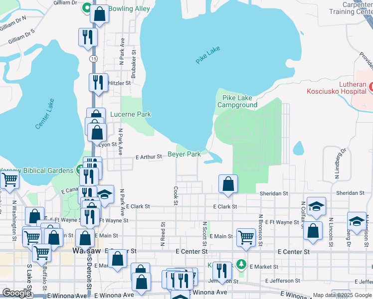 map of restaurants, bars, coffee shops, grocery stores, and more near 811 East Arthur Street in Warsaw