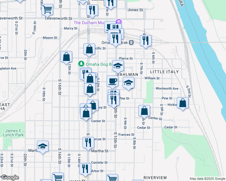 map of restaurants, bars, coffee shops, grocery stores, and more near 1502 South 10th Street in Omaha