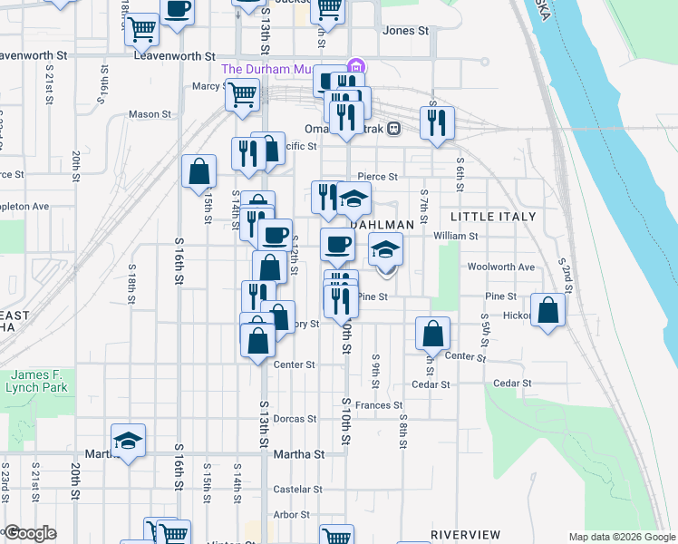 map of restaurants, bars, coffee shops, grocery stores, and more near 1502 South 10th Street in Omaha