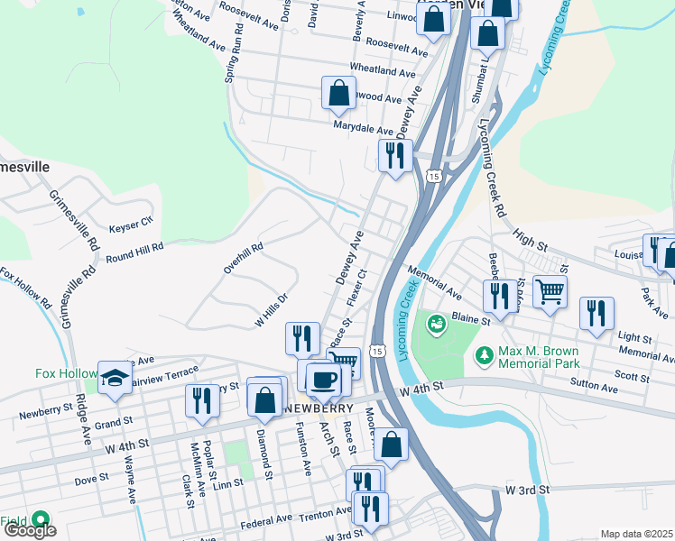 map of restaurants, bars, coffee shops, grocery stores, and more near 1121 Dewey Avenue in Williamsport