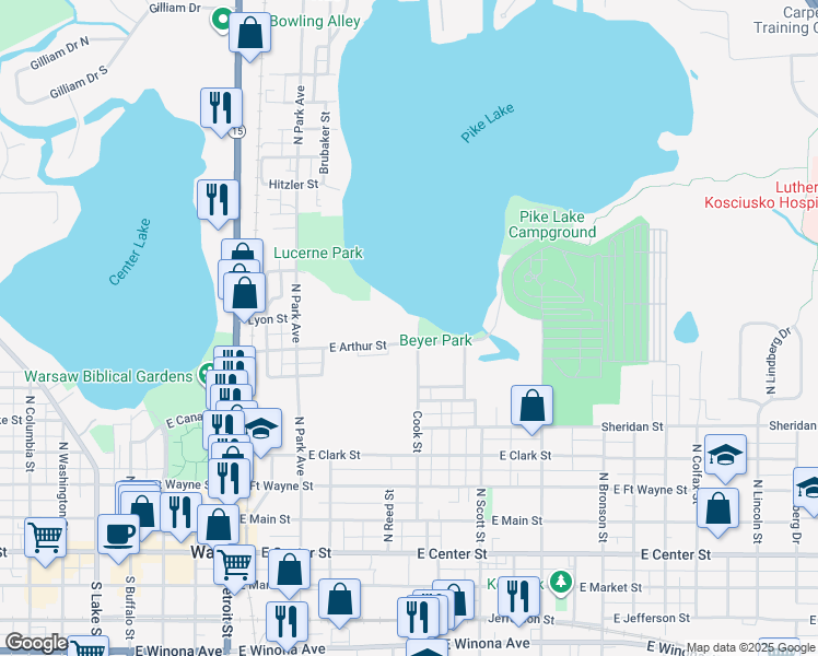 map of restaurants, bars, coffee shops, grocery stores, and more near 811 East Arthur Street in Warsaw