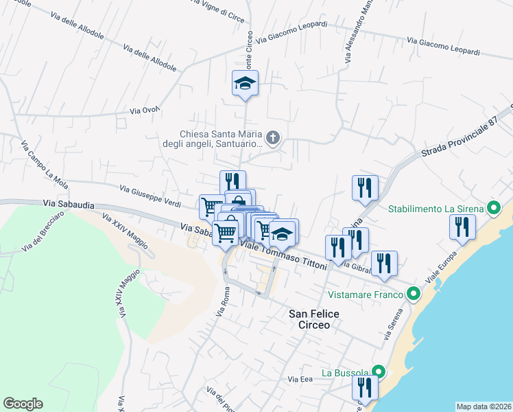 map of restaurants, bars, coffee shops, grocery stores, and more near 26 Via Montenero in San Felice Circeo