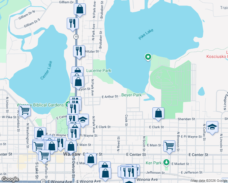 map of restaurants, bars, coffee shops, grocery stores, and more near 750 East Arthur Street in Warsaw