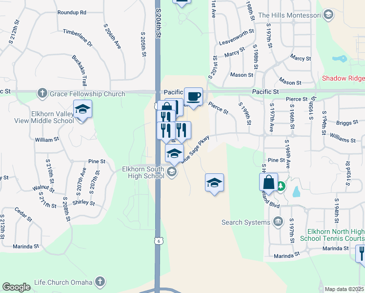 map of restaurants, bars, coffee shops, grocery stores, and more near 1529 South 203rd Street in Omaha