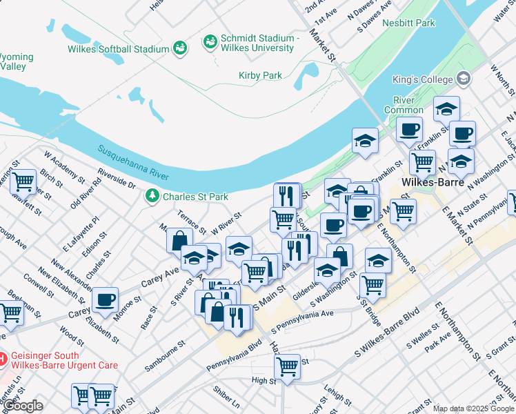 map of restaurants, bars, coffee shops, grocery stores, and more near 40 West River Street in Wilkes-Barre