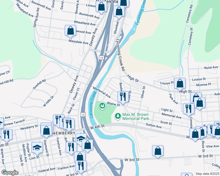 map of restaurants, bars, coffee shops, grocery stores, and more near 1756 Memorial Avenue in Williamsport