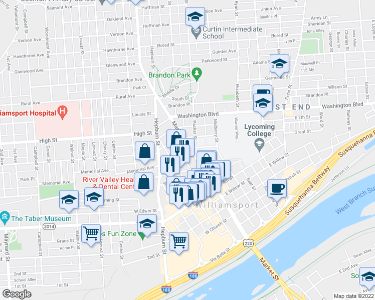 map of restaurants, bars, coffee shops, grocery stores, and more near 537 Market Street in Williamsport