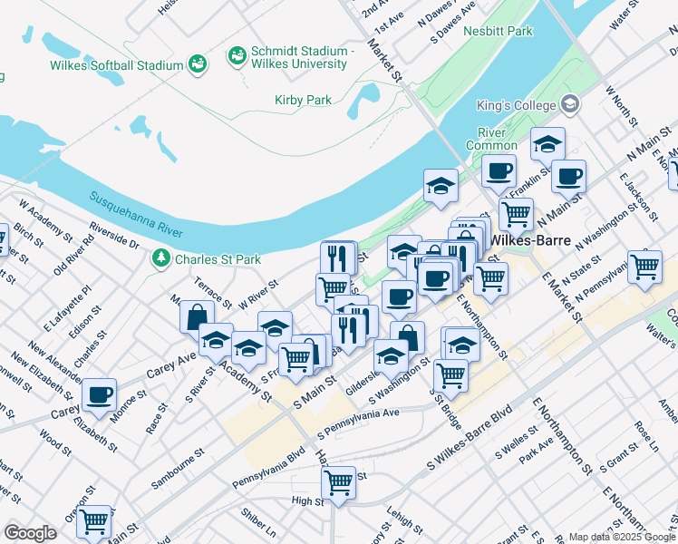 map of restaurants, bars, coffee shops, grocery stores, and more near 71 W River St in Wilkes-Barre