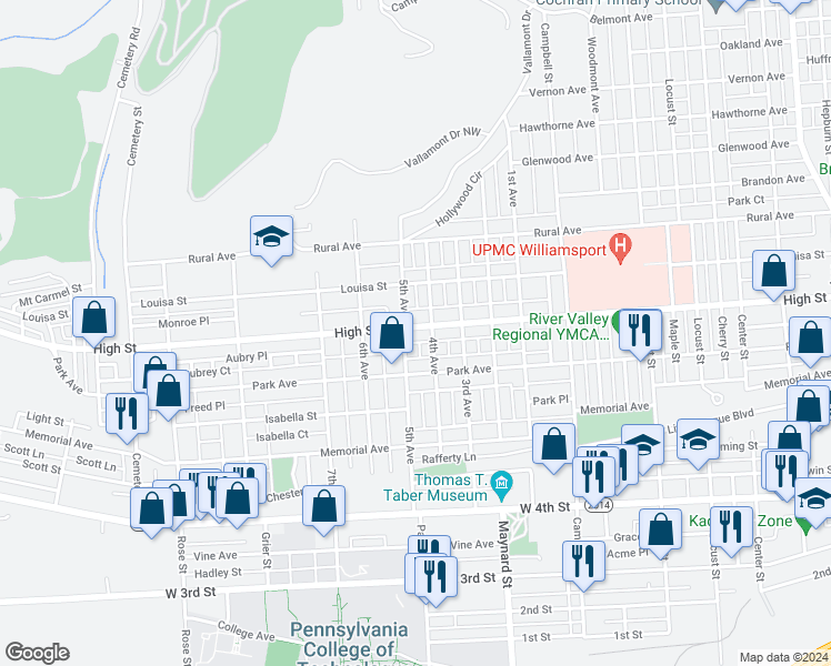 map of restaurants, bars, coffee shops, grocery stores, and more near 963 High Street in Williamsport