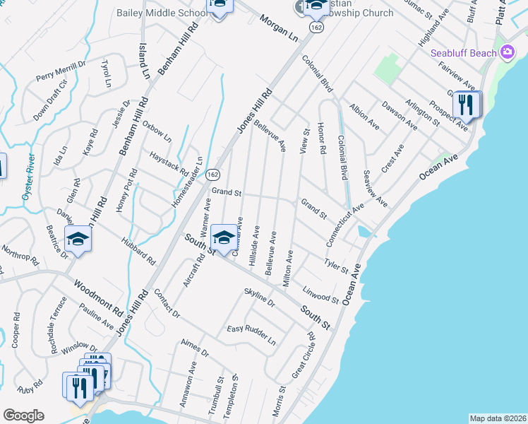 map of restaurants, bars, coffee shops, grocery stores, and more near 80 Grand Street in West Haven