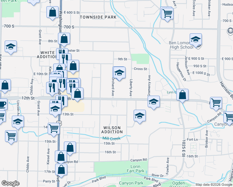 map of restaurants, bars, coffee shops, grocery stores, and more near 1100 Orchard Avenue in Ogden