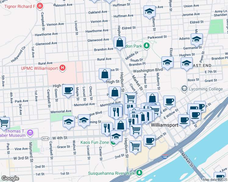 map of restaurants, bars, coffee shops, grocery stores, and more near 301-399 High Street in Williamsport