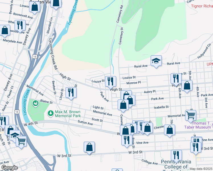 map of restaurants, bars, coffee shops, grocery stores, and more near 1510 Louisa Street in Williamsport