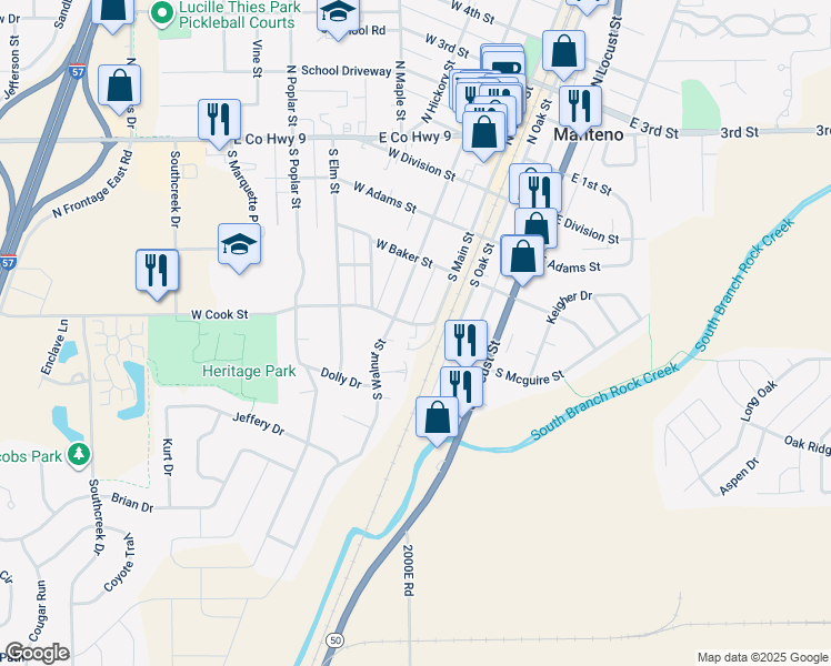 map of restaurants, bars, coffee shops, grocery stores, and more near 286 South Walnut Street in Manteno