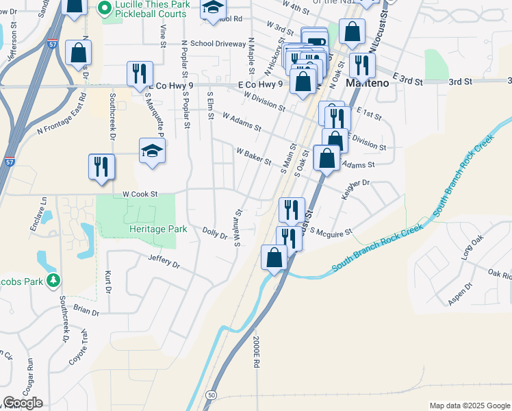 map of restaurants, bars, coffee shops, grocery stores, and more near 286 South Walnut Street in Manteno