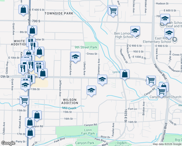 map of restaurants, bars, coffee shops, grocery stores, and more near 1117 Gramercy Avenue in Ogden