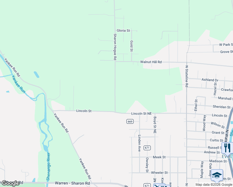map of restaurants, bars, coffee shops, grocery stores, and more near 1020 Sharon Hogue Road in Masury