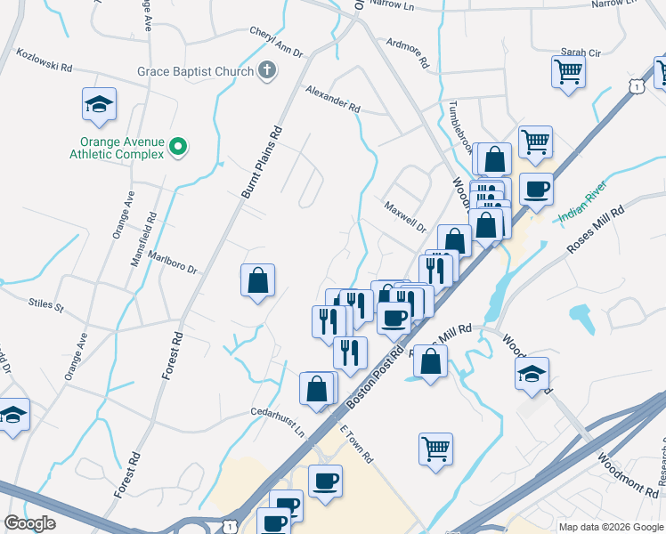 map of restaurants, bars, coffee shops, grocery stores, and more near 544 Swanson Crescent in Milford