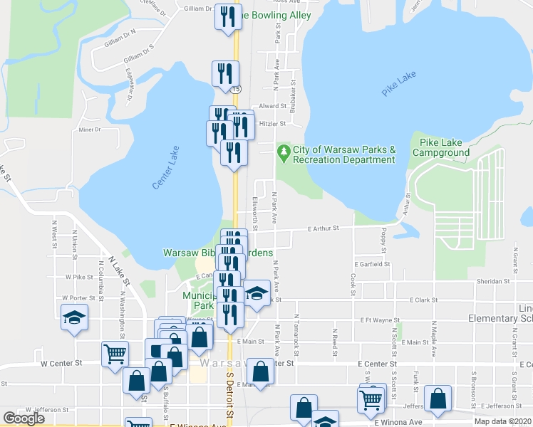 map of restaurants, bars, coffee shops, grocery stores, and more near 522 Lyon Street in Warsaw