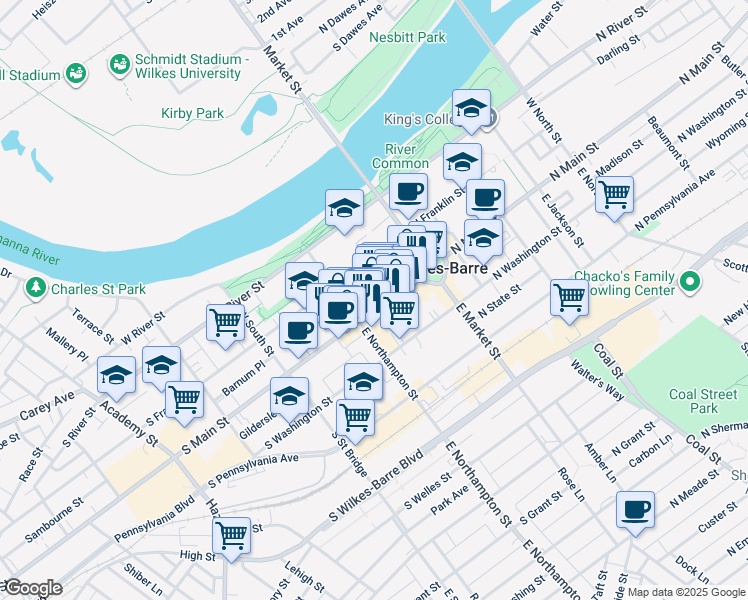 map of restaurants, bars, coffee shops, grocery stores, and more near 785 South Franklin Street in Wilkes-Barre