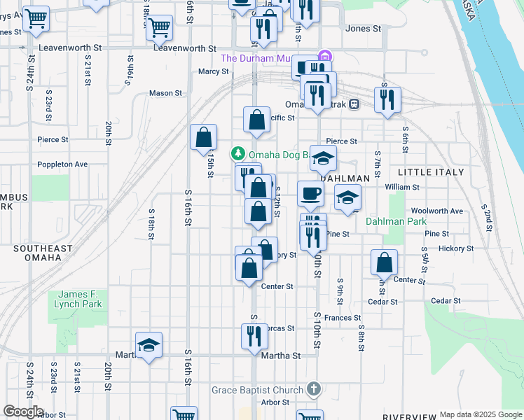 map of restaurants, bars, coffee shops, grocery stores, and more near 1211 William Street in Omaha